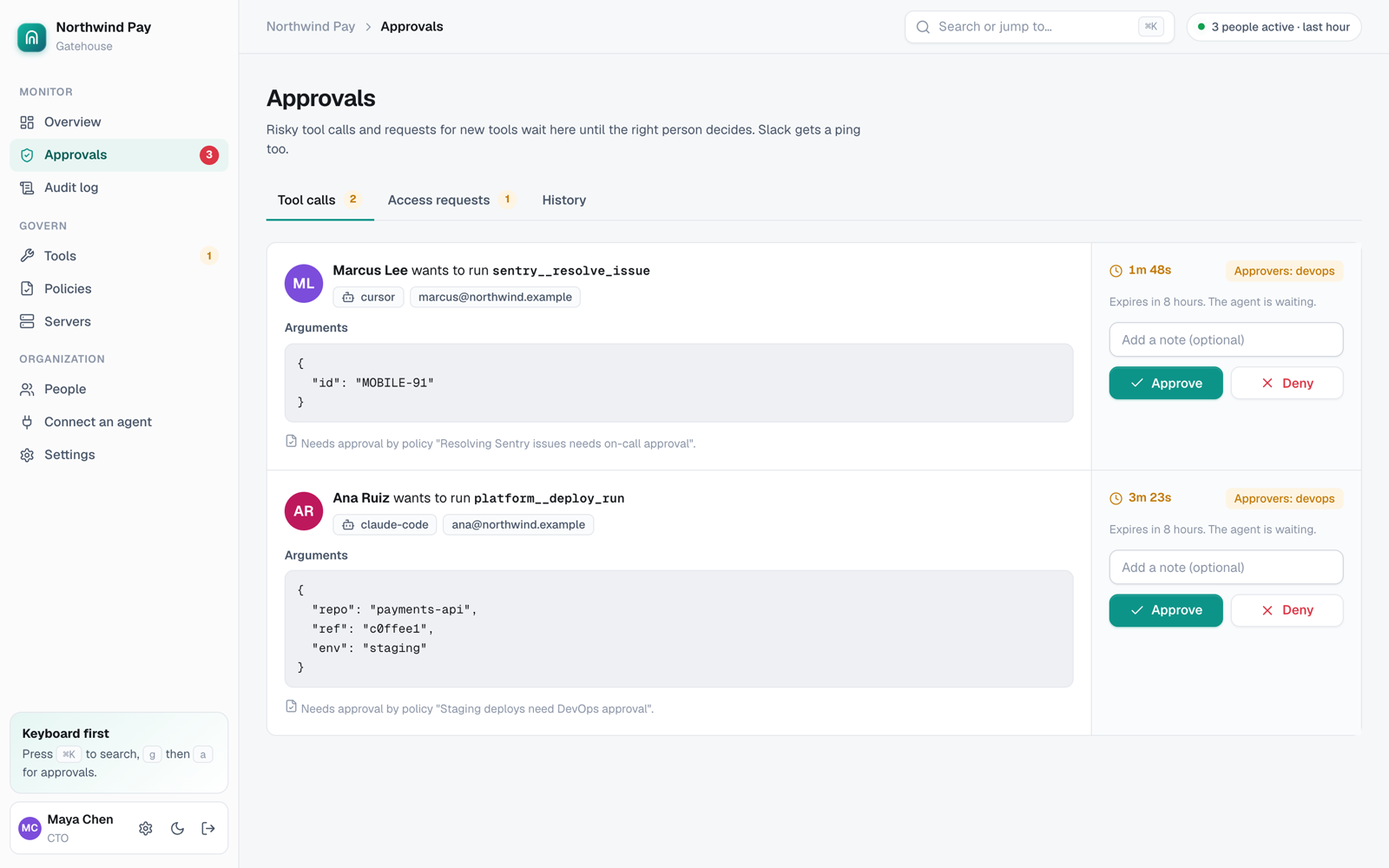 An approval waiting: an engineer's agent wants to resolve a Sentry issue