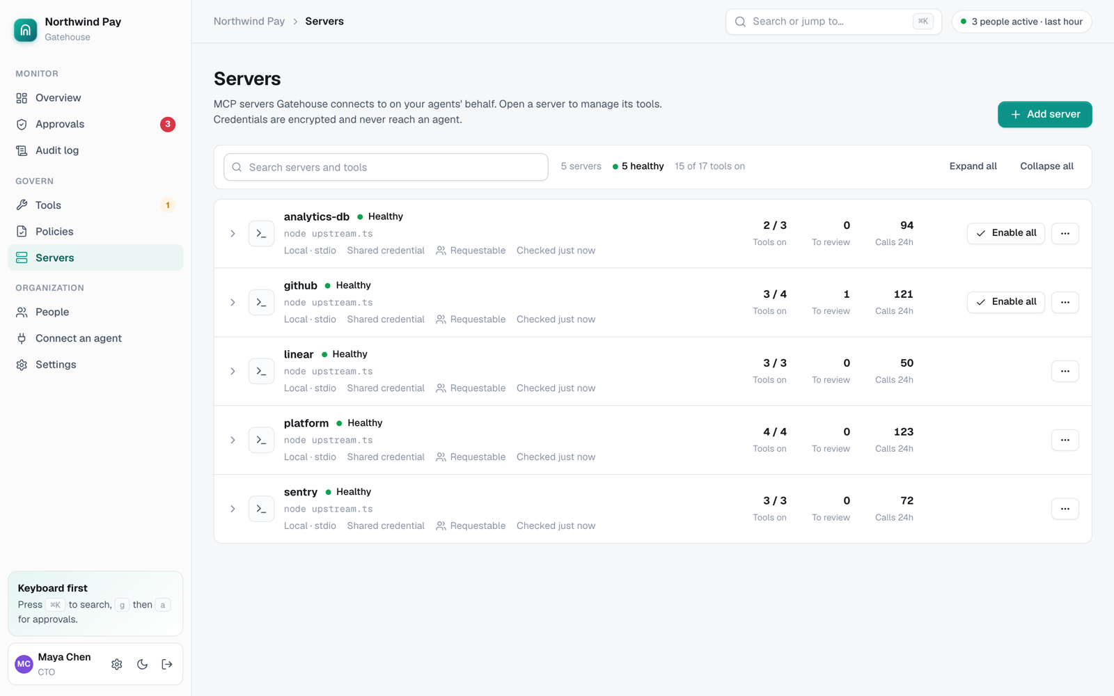 Servers with health, tool counts and bulk enable